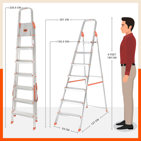 Bathla Advance 7-Step Foldable Aluminium Ladder For Home (Orange)